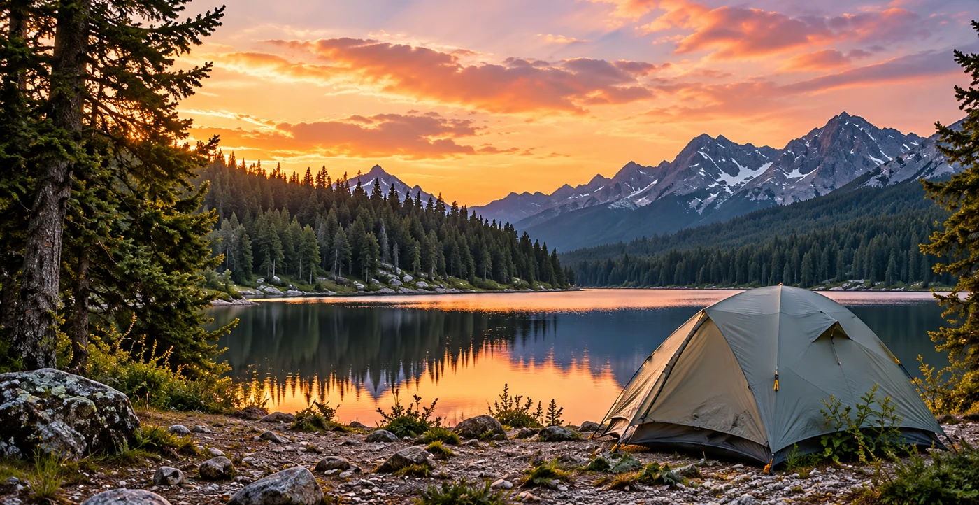 Illustrated tent overlooking a mountain lake at sunset