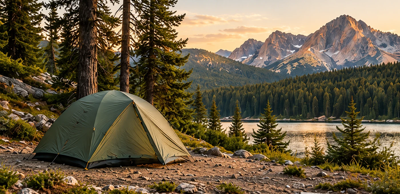 Illustrated tent overlooking a mountain lake