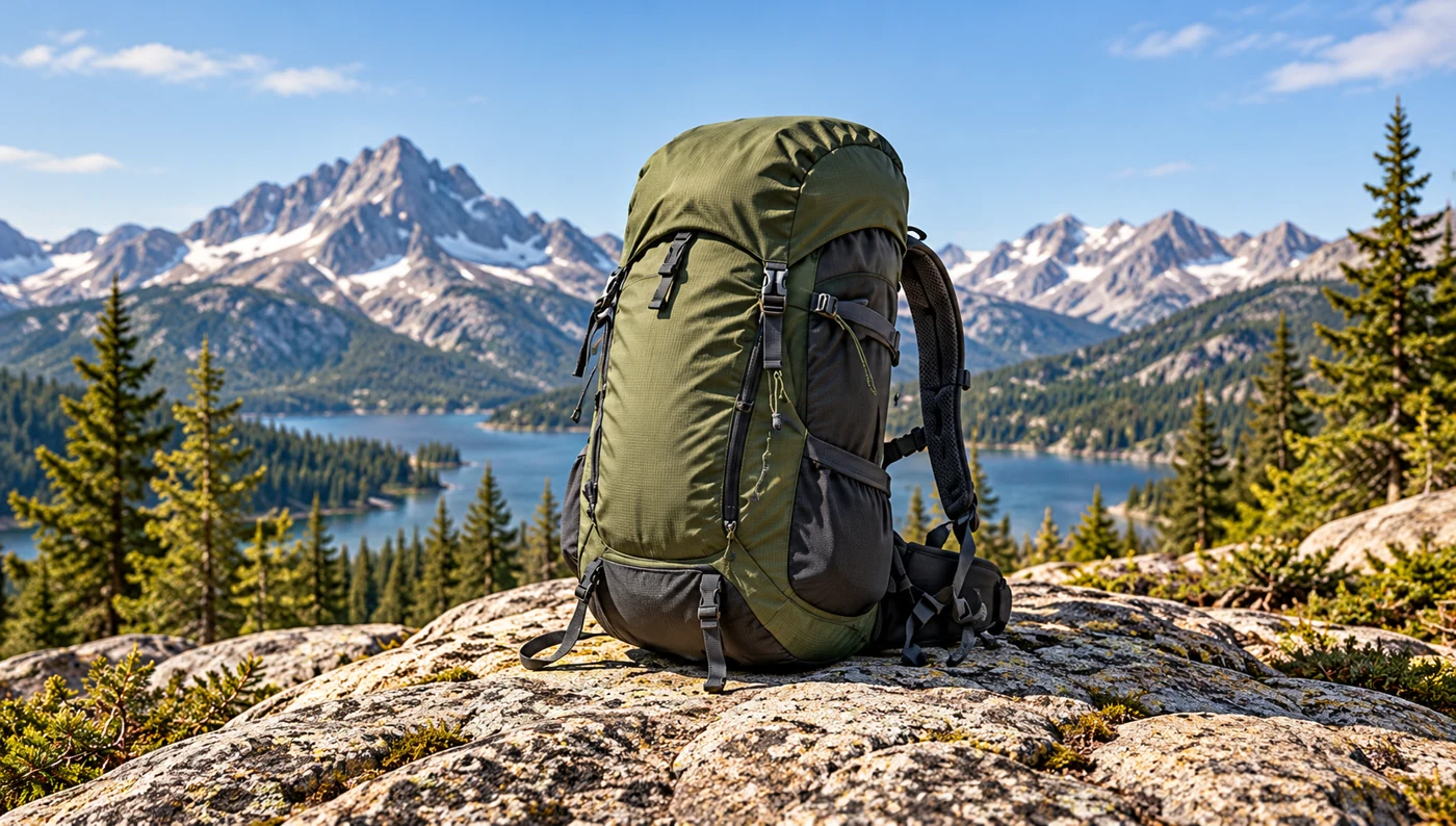 Illustrated olive hiking daypack, fully visible on a rock