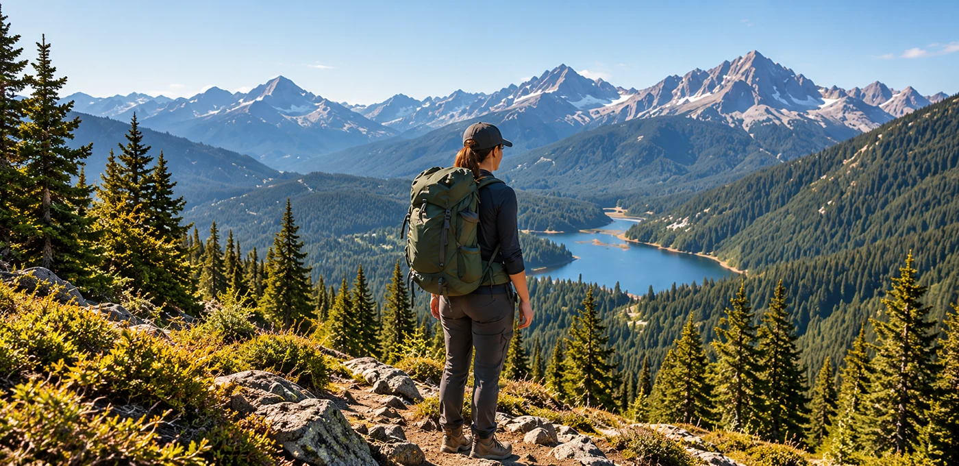 Illustrated hiker looking across an alpine landscape