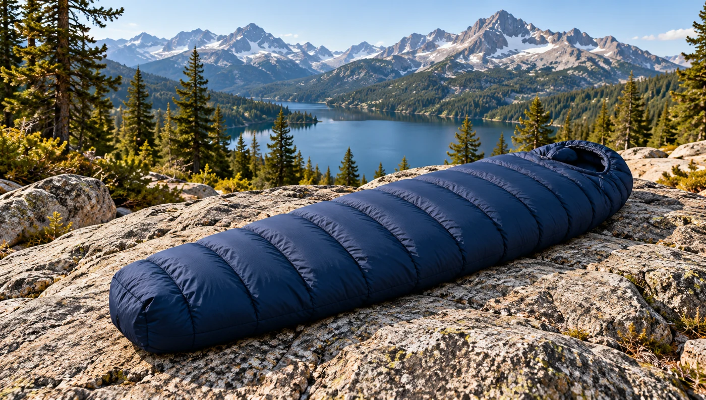 Illustrated blue sleeping bag, fully visible on dry alpine terrain